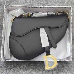 Dior Black Grained Leather Saddle Bag With Gold Hardware & Dust Bag In Box - New